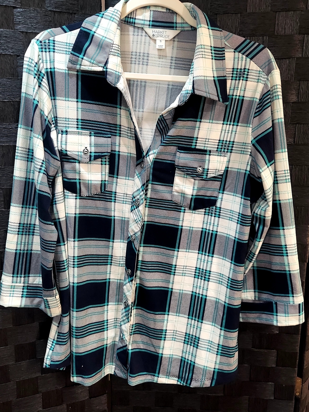 Market & Spruce Plaid Women's Button-Down Shirt in Navy, Teal & White